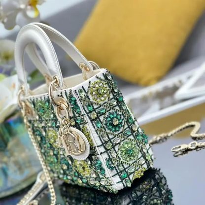 Dior Women Small Lady Dior Bag Metallic Calfskin and Satin with Celestial Green Bead Embroidery - 图片 5