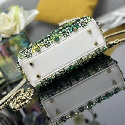 Dior Women Small Lady Dior Bag Metallic Calfskin and Satin with Celestial Green Bead Embroidery - 图片 6