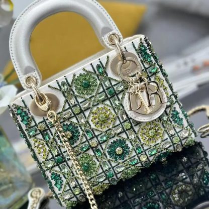 Dior Women Small Lady Dior Bag Metallic Calfskin and Satin with Celestial Green Bead Embroidery - 图片 4