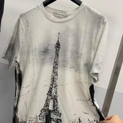 Dior Women T-Shirt Black and White Cotton and Linen Jersey with Paris Motif - 图片 4