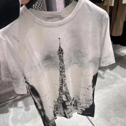 Dior Women T-Shirt Black and White Cotton and Linen Jersey with Paris Motif - 图片 5