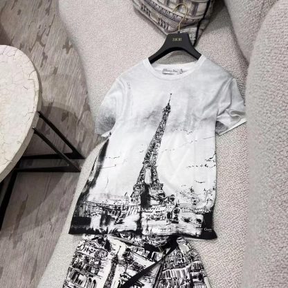 Dior Women T-Shirt Black and White Cotton and Linen Jersey with Paris Motif - 图片 2