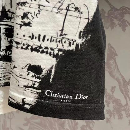 Dior Women T-Shirt Black and White Cotton and Linen Jersey with Paris Motif - 图片 7