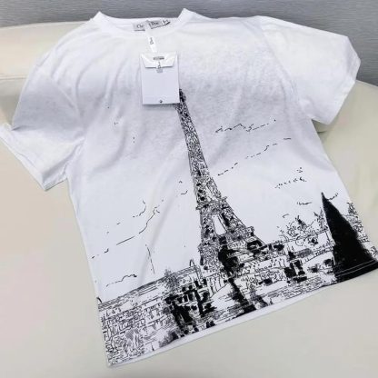 Dior Women T-Shirt Black and White Cotton and Linen Jersey with Paris Motif - 图片 3