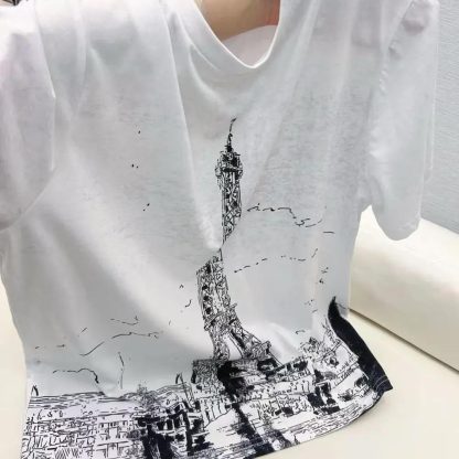 Dior Women T-Shirt Black and White Cotton and Linen Jersey with Paris Motif - 图片 6