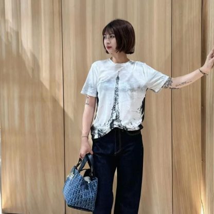 Dior Women T-Shirt Black and White Cotton and Linen Jersey with Paris Motif - 图片 8
