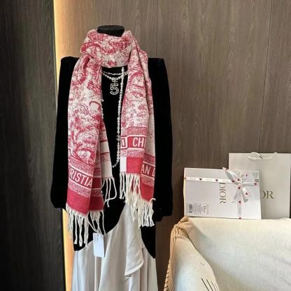 Dior Women Toile de Jouy Sauvage Scarf Red Cashmere and Wool - 图片 3