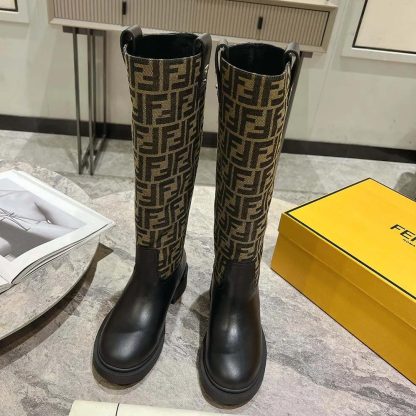 Fendi Women Filo Black Leather and Brown FF Fabric Boots - 图片 2