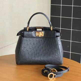 Fendi Women Peekaboo Iconic Mini Black Ostrich Leather Bag