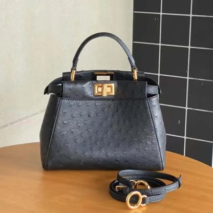 Fendi Women Peekaboo Iconic Mini Black Ostrich Leather Bag