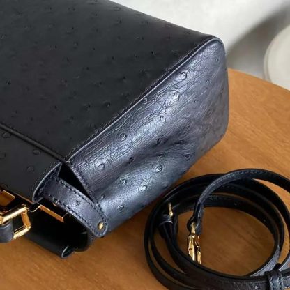 Fendi Women Peekaboo Iconic Mini Black Ostrich Leather Bag - 图片 8