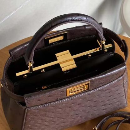 Fendi Women Peekaboo Iconic Mini Bordeaux Ostrich Leather Bag - 图片 8