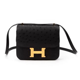 Hermes Women Constance 19 Bag Nata Ostrich Leather-BlackGold