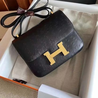 Hermes Women Constance 19 Bag Nata Ostrich Leather-BlackGold - 图片 4