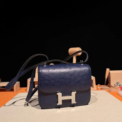 Hermes Women Constance 19 Bag Nata Ostrich Leather-NavySilver - 图片 4