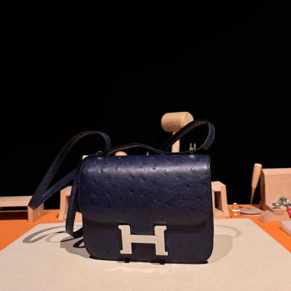 Hermes Women Constance 19 Bag Nata Ostrich Leather-NavySilver - 图片 5