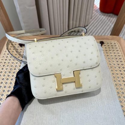Hermes Women Constance 19 Bag Nata Ostrich Leather-WhiteGold - 图片 2