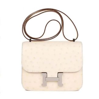 Hermes Women Constance 19 Bag Nata Ostrich Leather-WhiteSilver