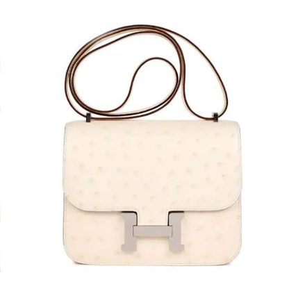 Hermes Women Constance 19 Bag Nata Ostrich Leather-WhiteSilver
