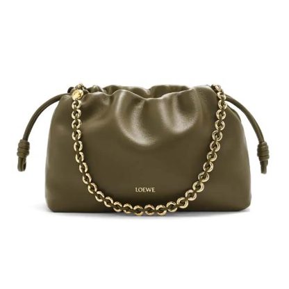 Loewe Unisex Medium Flamenco Purse in Mellow Nappa Lambskin-Dark Khaki Green
