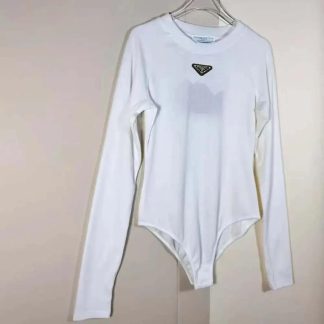 Prada Women Ribbed Knit Jersey Bodysuit-White