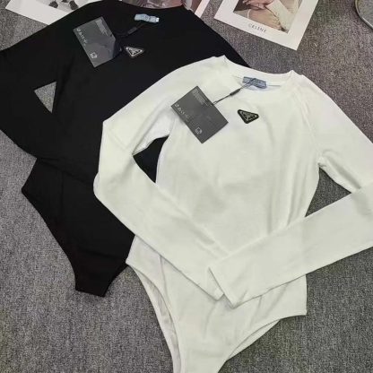 Prada Women Ribbed Knit Jersey Bodysuit-White - 图片 6