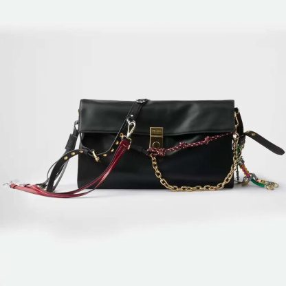 Prada Women Soft Sound Large Leather Shoulder Bag with Charms-Black