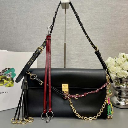 Prada Women Soft Sound Large Leather Shoulder Bag with Charms-Black - 图片 2