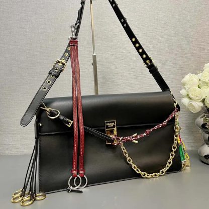 Prada Women Soft Sound Large Leather Shoulder Bag with Charms-Black - 图片 4