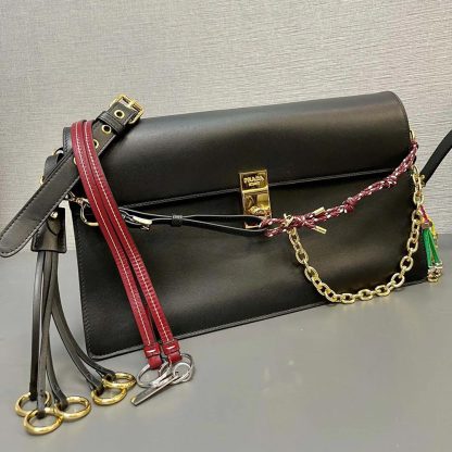 Prada Women Soft Sound Large Leather Shoulder Bag with Charms-Black - 图片 5