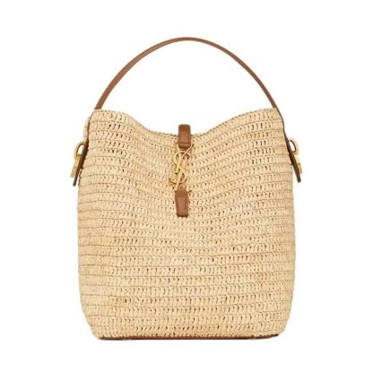 Saint Laurent YSL Women Le 37 Leather-trimmed Raffia Bucket Bag