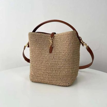 Saint Laurent YSL Women Le 37 Leather-trimmed Raffia Bucket Bag - 图片 4