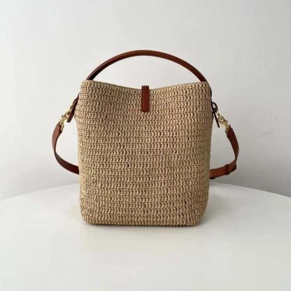 Saint Laurent YSL Women Le 37 Leather-trimmed Raffia Bucket Bag - 图片 3