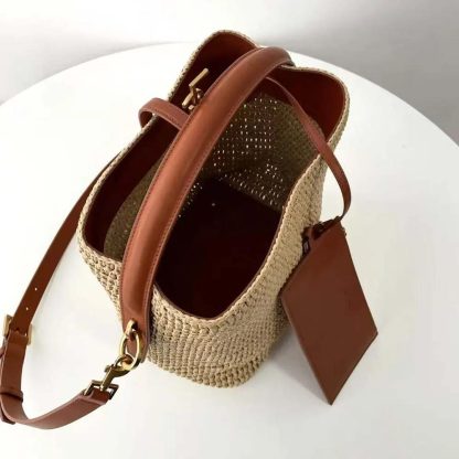 Saint Laurent YSL Women Le 37 Leather-trimmed Raffia Bucket Bag - 图片 8