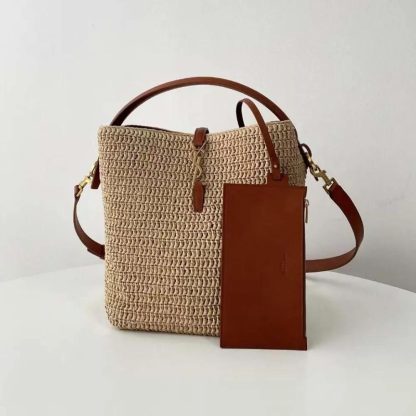 Saint Laurent YSL Women Le 37 Leather-trimmed Raffia Bucket Bag - 图片 2