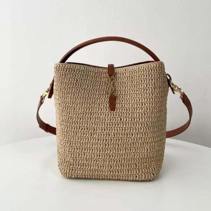 Saint Laurent YSL Women Le 37 Leather-trimmed Raffia Bucket Bag - 图片 5