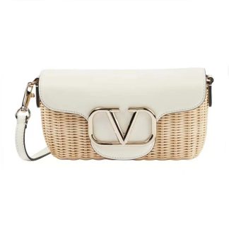 Valentino Women Garavani Locò VLOGO Flap Straw Shoulder Bag