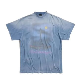Balenciaga Men Paris Moon T-Shirt Oversized in Blue Vintage Jersey