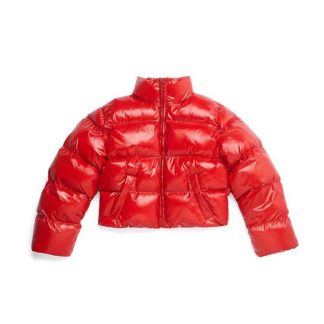 Balenciaga Men Shrunk Puffer in Red Shiny Coated Nylon
