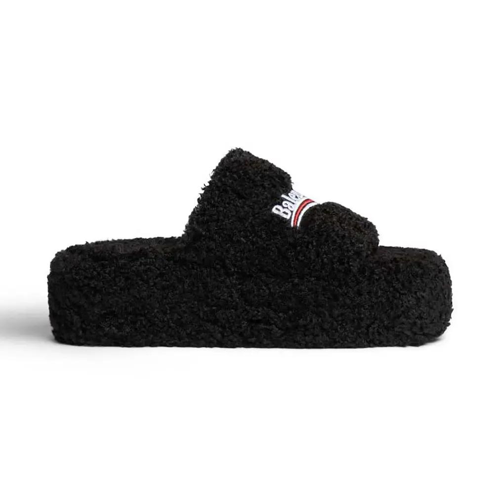 Balenciaga Women Furry Platform Sandal in Black Fake Shearling