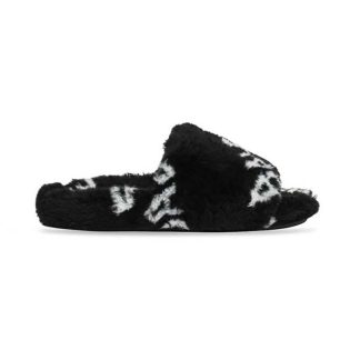 Balenciaga Women Furry Slide Sandal Allover Logo in Black and White Fake Fur