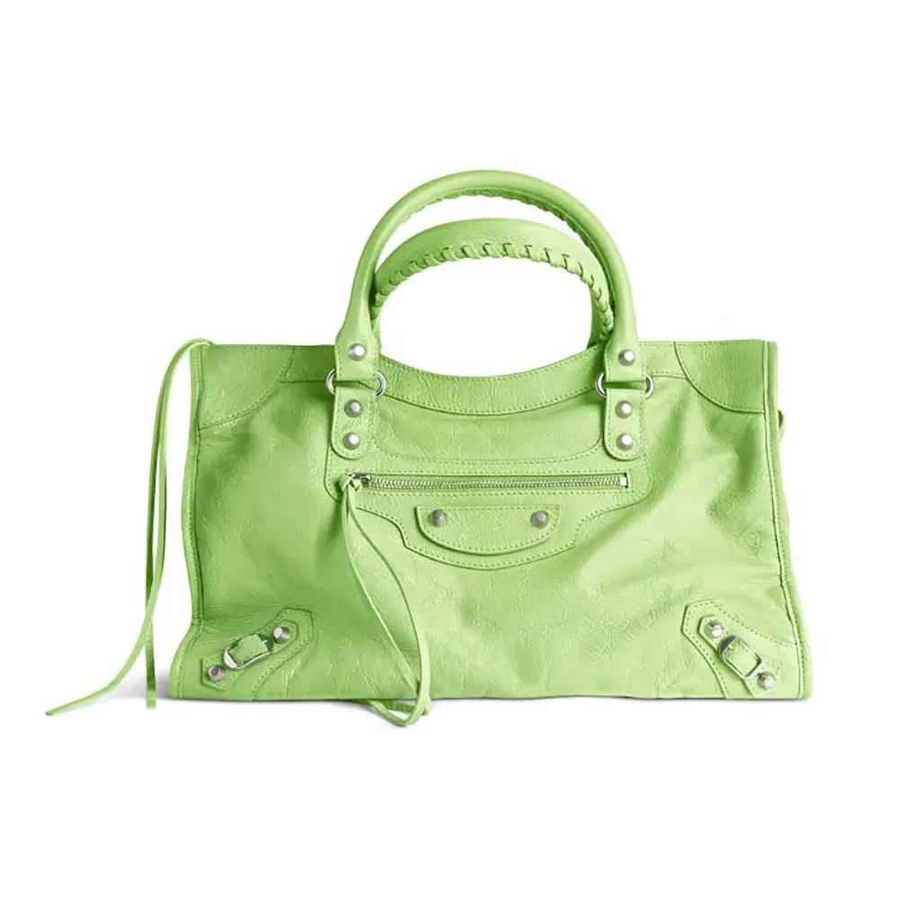 Balenciaga Women Le City Medium Bag in Green Arena Lambskin