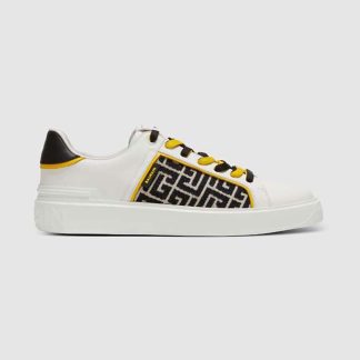 Balmain Unisex B-court Monogrammed Nylon and Leather Trainers-White
