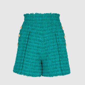 Balmain Women Flared Tweed Shorts-Green
