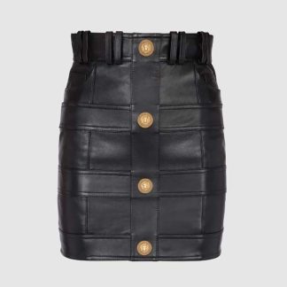 Balmain Women High-Waisted Leather Skirt in Lambskin-Black