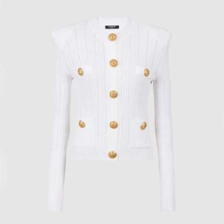 Balmain Women Knit Cardigan with Gold Buttons-White