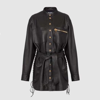 Balmain Women Leather Overshirt with Lace-up Details