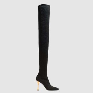 Balmain Women Moneta Mesh Thigh Boots with Monogram-Black
