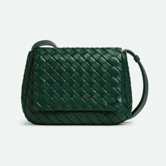 Bottega Veneta Unisex Small Cobble Messenger in Calfskin Leather-Dark Green