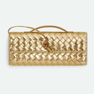 Bottega Veneta Women Andiamo Clutch in Intrecciato Leather-Gold